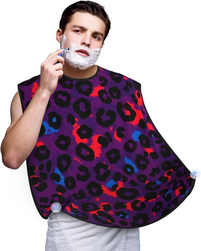 Beard Bib with 3 Suction Cups, Non-Stick Waterproof Hair Catcher Apron, Men's Shaving Essential for Grooming, Trippy Red Pink Purple Blue Cheetah Leopard Print Shave Bib