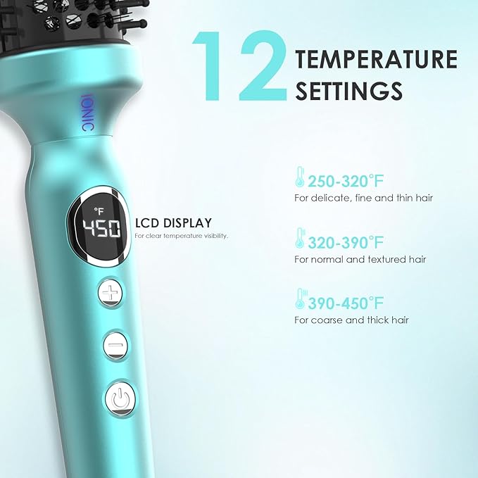 1 1/2 Inch Thermal Brush Negative Ion Heated Round Brush Dual Voltage 12 Temperature Settings Curling Hairbrush for Medium Long Hair (1.5 Inch Barrel 2.1 Inch Bristles)