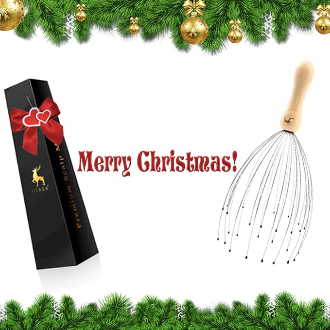 USAGA 32 Fingers Head Massager, Head Scratcher Scalp Massager, Stocking Stuffers Gift for Scalp Body Relaxing Wood Handle (1 Pack)