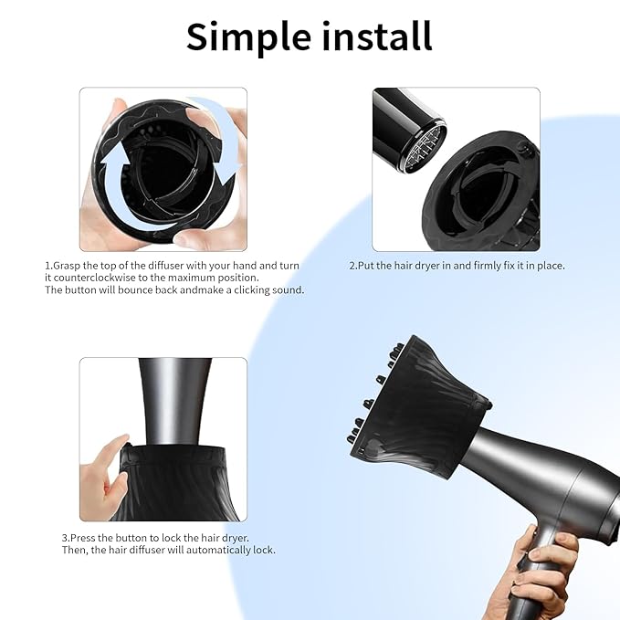 Diffuser Attachment for Hair Dryer Universal, Blow Dryer Nozzle-Specific Hair Diffuser for Curly Hair and Natural Wavy Hair, Suitable for Hair Dryers 1.4in-2.6in (Black)