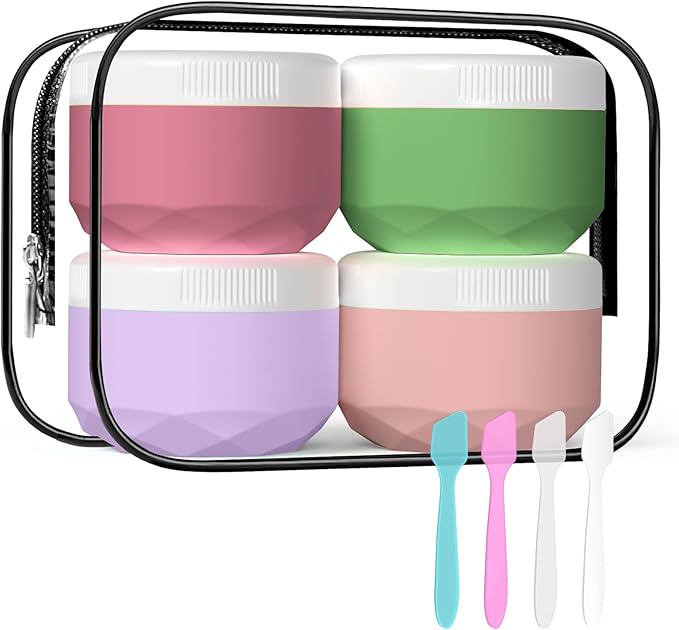 Travel Containers for Toiletries, 4-Pack TSA Approved Silicone Jars (1.7oz) - BPA Free Leakproof Cosmetic Containers for Creams, Lotion, Skincare & Makeup with Bonus Waterproof Bag