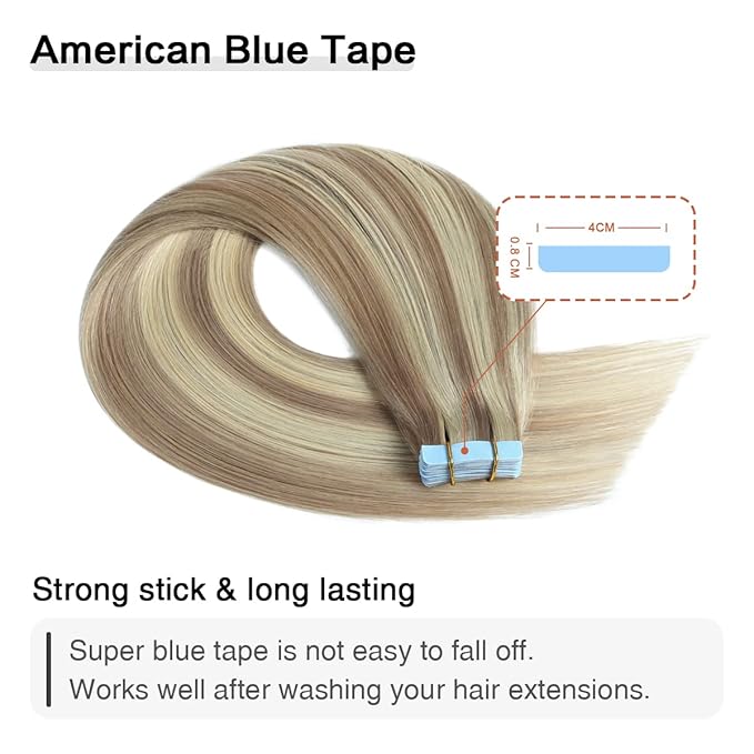 SUYYA Tape in Hair Extensions Human Hair Ash Blonde Highlighted Bleach Blonde 16 Inch 40g/pack 20pcs Straight Seamless Skin Weft Tape in Real Human Hair Extensions(16inch #P18/613)