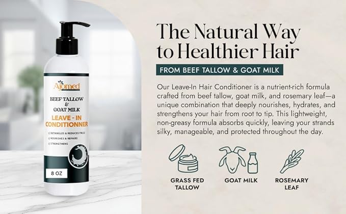 Beef tallow & Goat milk Leave-In Conditioner| Handmade hair Detangler- Anti-Frizz dreadlock moisturizer-Split End Moisturizing Hair Care for Dry, Damaged Hair Moisturizing Curl Primer (8 Fl Oz)