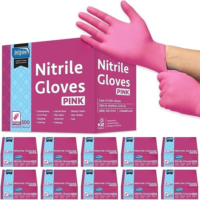 Inspire Pink Gloves Disposable Latex Free | Nitrile Pink Glove Hair and Nail Salon, Esthetician Nitrile Disposable Gloves