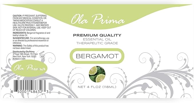 Ola Prima Bergamot Essential Oil - Therapeutic Grade for Aromatherapy, Diffuser, Skin, Hair, Massage, Stress, Dropper - 4 fl oz - Bergamot Oil