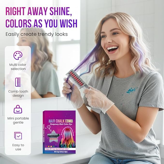 Festive Fun Hair Chalk Combs,2026 NEW Hair Color Comb Temporary Hair Chalk Comb,8/10 Color Washable Hair Chalk Set Hair Chalk Comb Temporary Bright Washable Hair Color Dye (8 Colors)