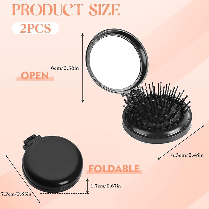 2pcs Mini Hair Brush with Mirror, Compact Air-Cushion Styling Foldable Brush, Tangle-Free Portable Design Lightweight Travel Brush for Women