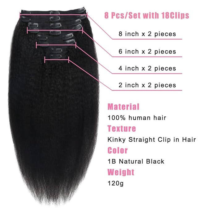 Kinky Straight Human Hair Clip in Extensions 120g Full Head Clip ins for Women 100% Unprocessed Brazilian Virgin Human Hair Yaki Straight Clip ins Remy Hair Natural Black 8Pcs 18Clips 28inch
