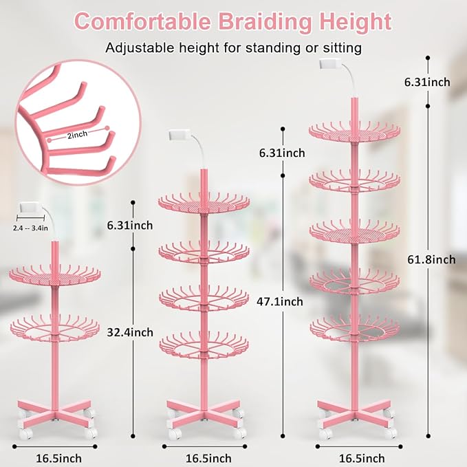 Braiding Hair Rack Standing Hair Extension Holder - 140 Pegs Braiding Hair Rack & Divider Stand with Phone Holder for Displaying and Separating Hair (Pink)