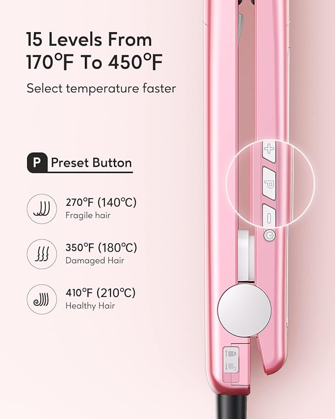 Wavytalk Salon Flat Iron Hair Straightener, Negative Ion Function with Titanium Plates Get Shinier & Smoother Hair, 15 Adjustable Temp, Dual Voltage & 60 Mins Auto Shut Off (Rose Gold)