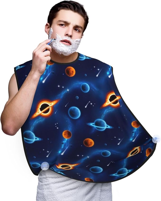 Strong Suction Cup Beard Grooming Bib, Non-Stick Hair Catcher, Waterproof, for Shaving, Cosmic Universe Stars Planets Blue Galaxy Art