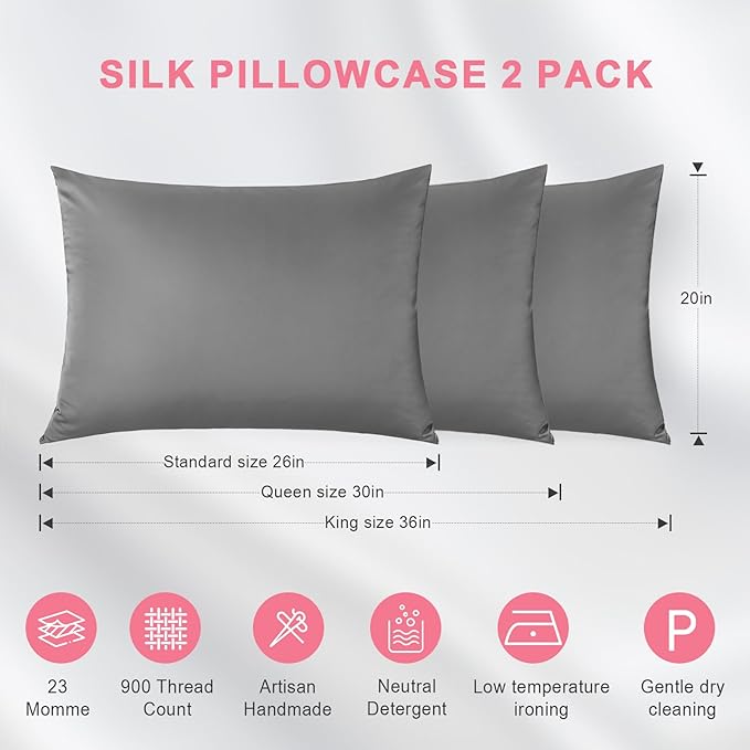 100% Silk Pillowcase 2 Pack for Hair and Skin, Both Sides 23 Momme Grade 6A+ Mulberry Silk Pillowcases with Hidden Zipper, Soft&Smooth Cooling Pillow Cases (Gray, Standard 20×26)