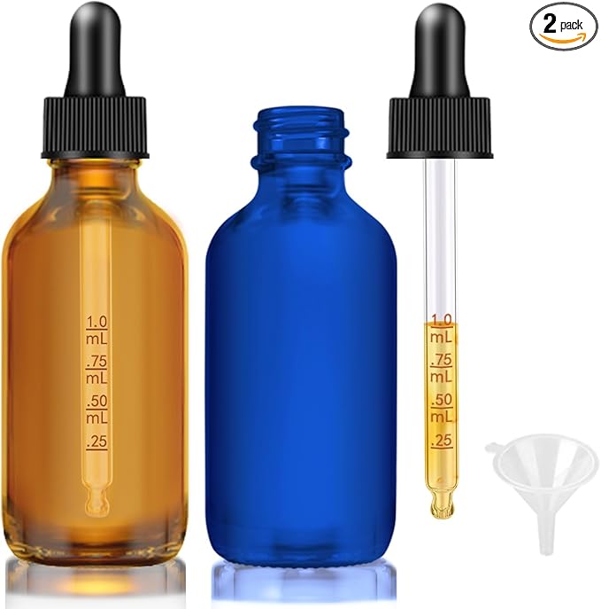 Bumobum Glass Dropper Bottles, 2 oz Amber and Blue for Essential Oils With Funnel, Labels & Pipette - 2 Pack Eye Tincture Dispensing Bottle With Measured Dropper