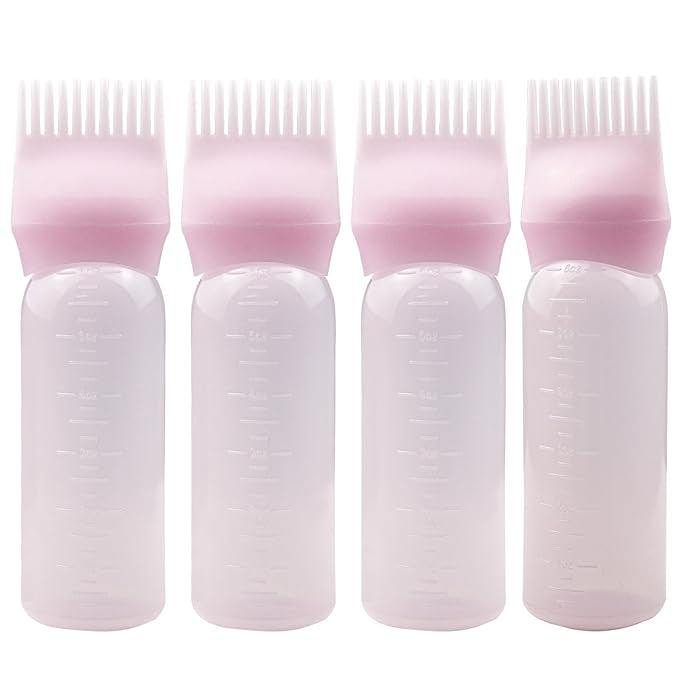 4 PCS Root Comb Applicator Bottle,Hair Oil Applicator Bottle for Hair Dye Shampoos Salons.6oz（pink）