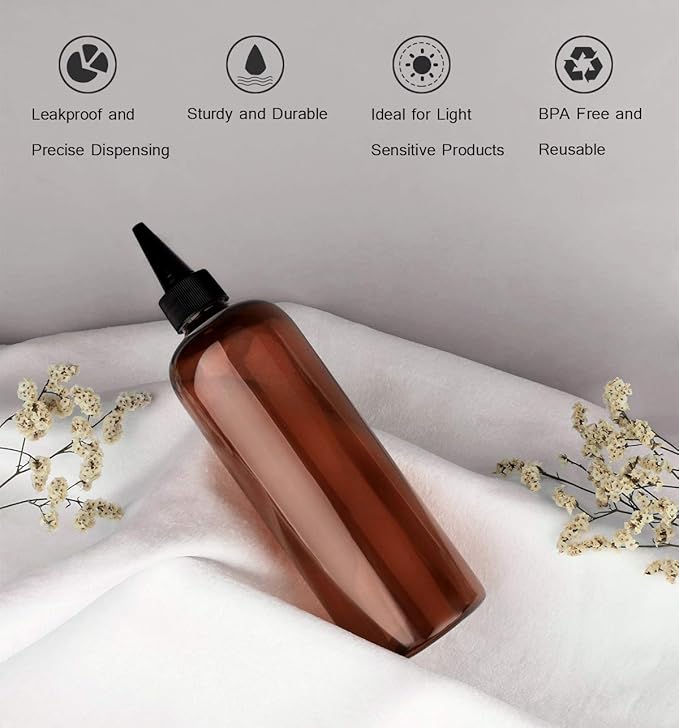 Amber Squeeze Hair Color Applicator Bottle 16 Ounce for Hair, PET Plastic Refillable With Twist Top Cap - 2 Pack, Brown