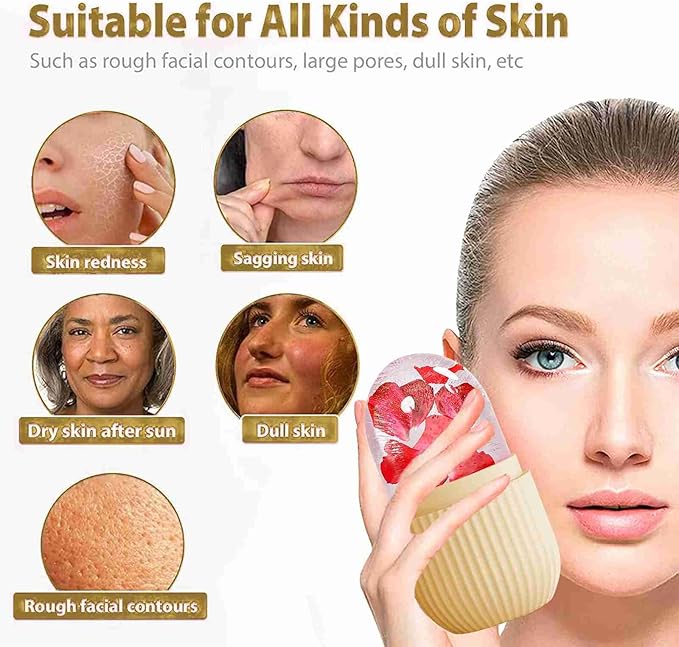 XHJRI Ice Face Roller Massager,Ice Cube Roller for Face, Eyes and Neck Naturally Conditioning and Skin Care,De-Puff Eye Bags,Reduce Migraine Pain,Reusable Massage Silicone Ice Mold (Beige)