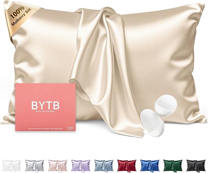 Silk Pillow Cases Standard Size 100% Mulberry Silk Pillowcase for Hair & Skin 22 Momme Both Sided Grade 6A Silk Cooling Soft Breathable 20 x 26 Inches with Hidden Zipper 1PC, Beige