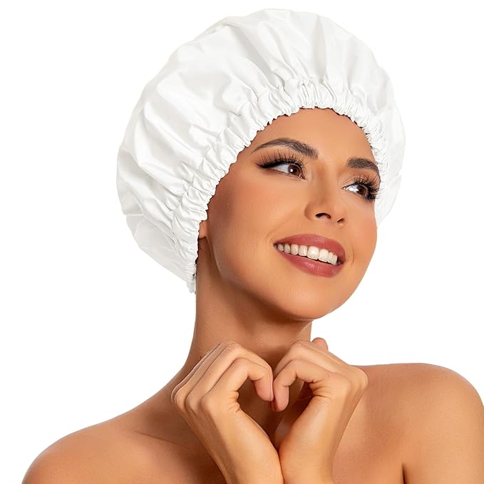 Reusable Shower Cap for Women, Large Waterproof Shower Essentials Bonnet Washable Elastic Band Bath Hair Wrap Hat for Long Hair, Braids(White)