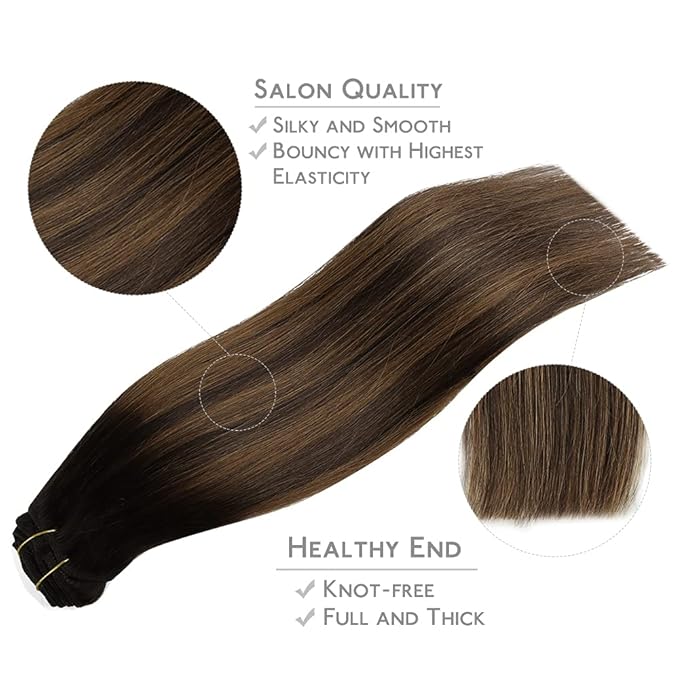 WENNALIFE Clip in Hair Extensions, 150g 16 Inch 9pcs Balayage Dark Brown to Chestnut Brown Human Hair Extensions Thicker Clip in Hair Extensions Real Human Hair Clip Set Double Weft