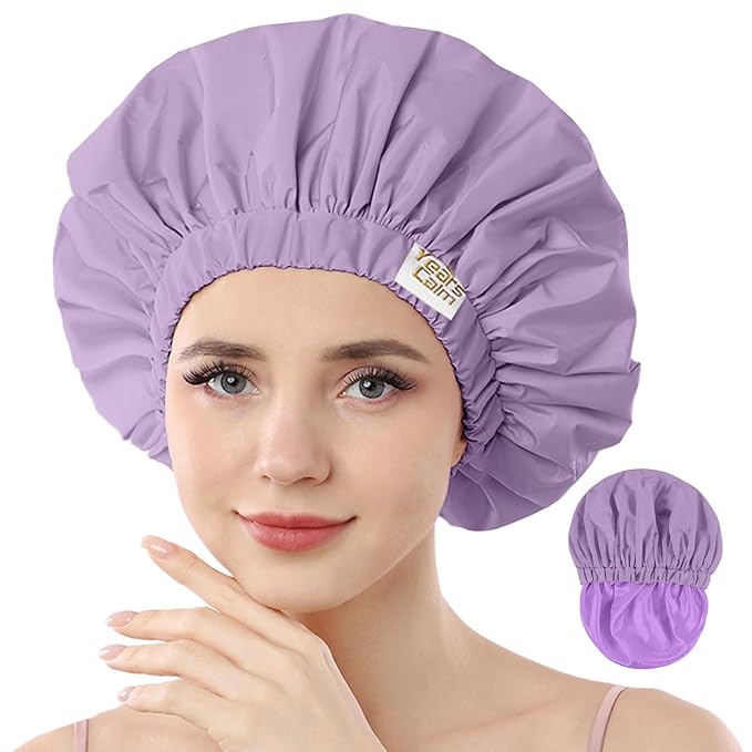 Years calm Reusable Waterproof Shower Caps for Women, Hair Caps for Showers, Double-Layer Elastic Design, for All Hairstyles, Travel-Friendly (Purple)