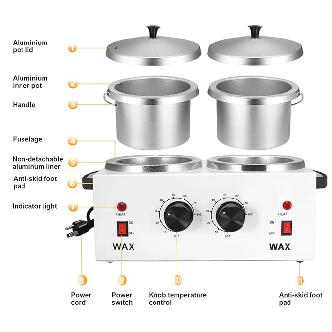 Wax Warmer Double Pot, Professional Electric Heater for Facial, Body, Spa, and Salon, 1.2L Dual Adjustable Temperature with 100 Wooden Craft Sticks, Hair Removal