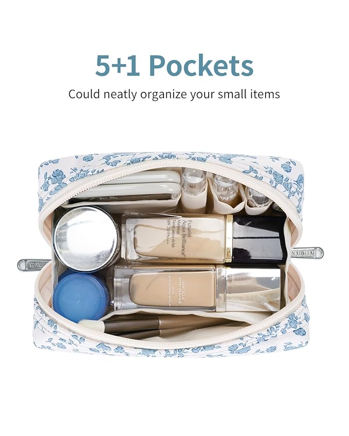 Narwey Small Cute Floral Makeup Bag for Purse Mini Cosmetic Bag Travel Makeup Pouch Zipper Pouch Cute Make up Bags with Compartments for Women Girls (Little Blue Flower, Small)