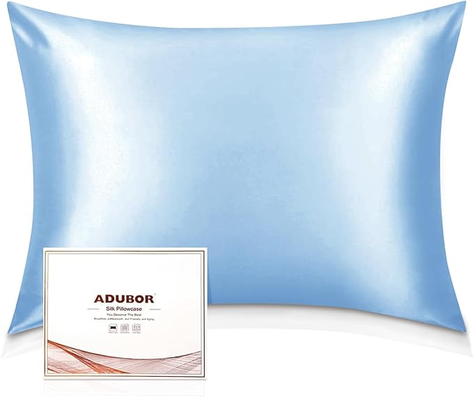 Adubor Mulberry Silk Pillowcase for Hair and Skin with Hidden Zipper, Both Side 23 Momme Silk, 900 Thread Count (20x36inch, King Size, Sky Blue, 1pc)