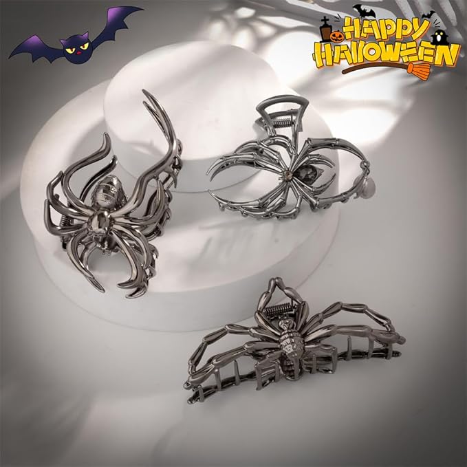 Halloween 3PCS Spider Hair Claw Clips Hair Accessories for Women Girls, Gothic Black Metal with Pearl Charms Large Medium Size Catch Clips for thick Hair Styling Tool Holiday Gifts(Black Gun)