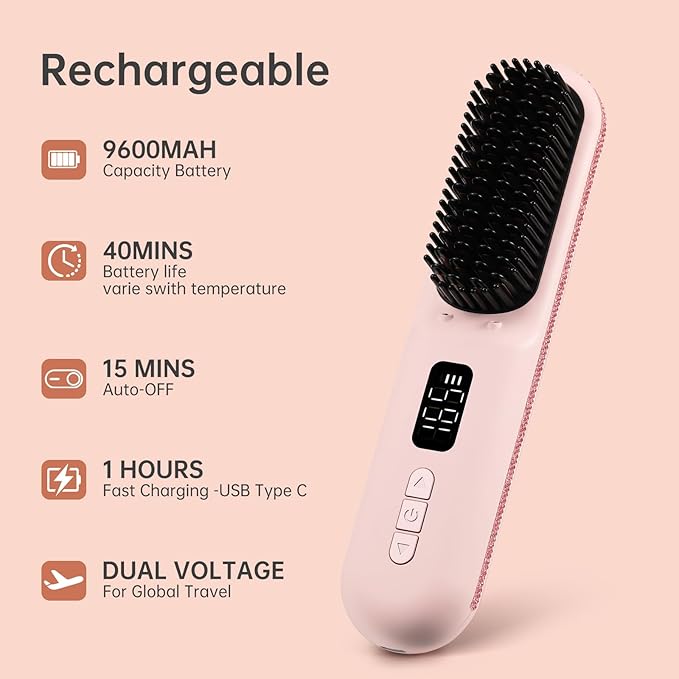 Hair Straightener Brush, Portable Cordless Mini Straightening Brush for Travel, 300M Negative Ions for Frizz-Free Shine, Fast Heating,Hot Comb Hair Straightener with 9 Temps for Women