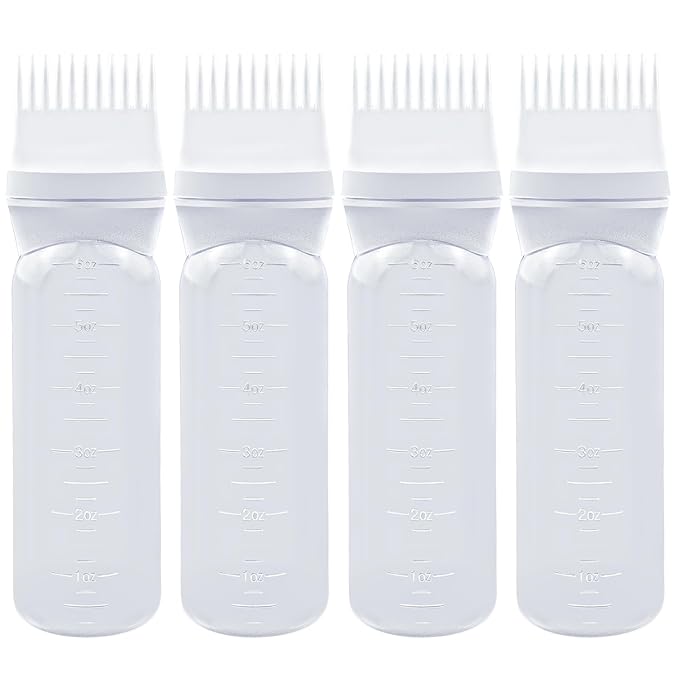 ELANE 4 Pcs Root Comb Applicator Bottle 6oz,Hair Oil Applicator Bottle for Hair,Oil Comb Applicator Hair Bottle Applicator for Hair Dye Shampoos Hair Salons Camping Traveling(White)