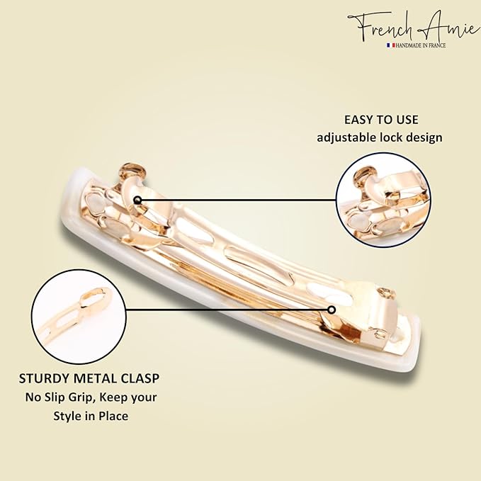 French Amie Small 2 1/4 inch Celluloid Handmade Hair Barrette No Slip Grip Durable Styling Women Hair Accessories Hair Clip for Girls, Made in France(Ivory)