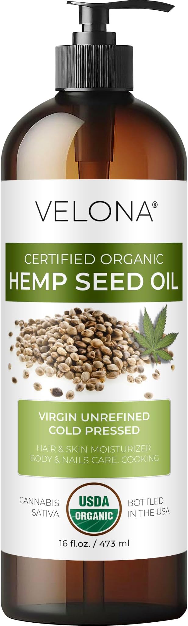velona Hemp Seed Oil USDA Certified Organic - 16 Fl Oz | 100% Pure and Natural Carrier Oil | Unrefined, Cold Pressed | Hair, Body, Face & Skin Care