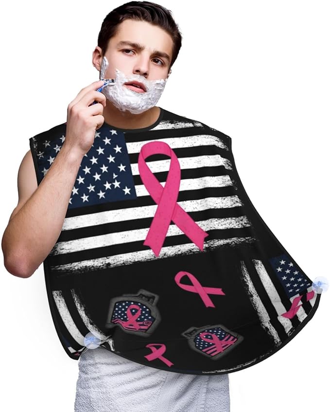 Ultimate Shaving Bib, Beard Trimming Apron with Hair Catcher, Breast Cancer Awareness Ribbon American Flag Black