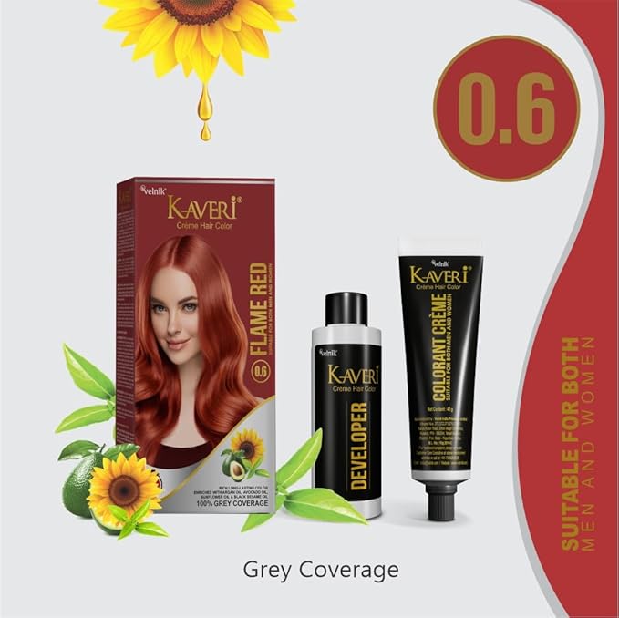 Kaveri Creme Hair Color Permanent Hair Dye Color - With Improved Creme Formula for Gray Coverage Ammonia Free Hair Color Dye for Rich Bright Long lasting (Flame Red, 3.04 Fl Oz) - Pack Of 3