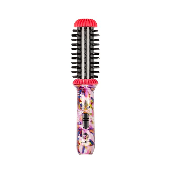 CALISTA GoGo Mini Heated Round Brush | Curl, De-Frizz, and Style Hair with the Mini 7” Styling Tool | Heats to 365°F | Perfect for Travel | Dual Voltage | Compatible for Most Hair Types (Pink Petals)
