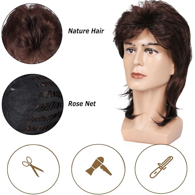 Kaneles Mullet Wigs for Men 70s 80s Costumes Mens Brown Fancy Party Accessory Cosplay Hair Wig