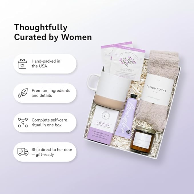 Unboxme Lavender Spa Gift Basket for Women, Self Care Package with Candle, Bath Bomb, Tea & Mug - Relaxation Gifts for Birthday, Get Well