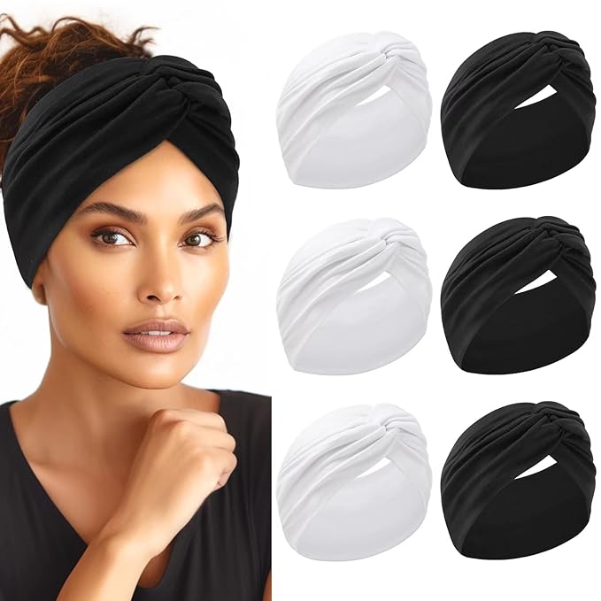 Extra Wide Headbands for Women, 7'' Large Cotton Like Turban Knotted Bandana Head Bands for Women Non Slip, Boho Headbands for Women's Hair (3Pcs White + 3Pcs Black, Extra Large 7" Wide)