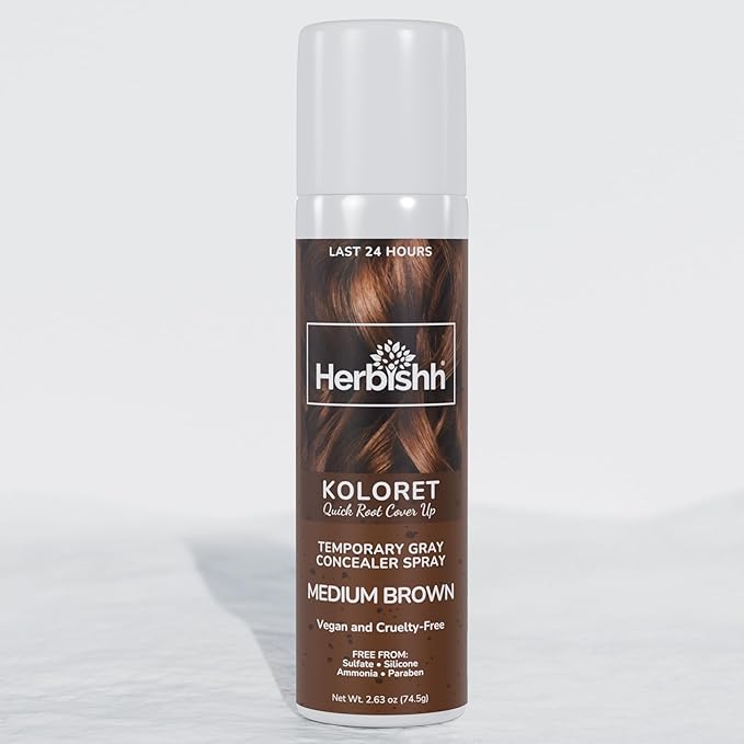 Herbishh Koloret Quick Root Touch Up Hair Color Spray Medium Brown (74.5g), Instant Gray & Medium Brown Root Cover Up, Temporary Hair Color Spray, Lightweight Non-Sticky Dye Mist, Travel Aerosol