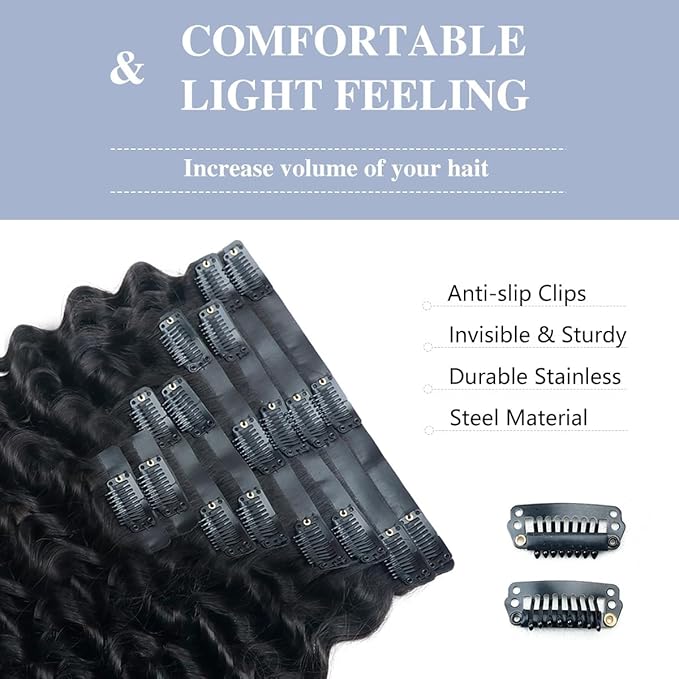Deep Wave Clip in Hair Extensions Real Human Hair 2 Pack 240g Seamless Clip in Hair Extensions for Women Full Max with 16Pcs Remy Natural Human Hair PU Skin Weft 20inch Natural Black