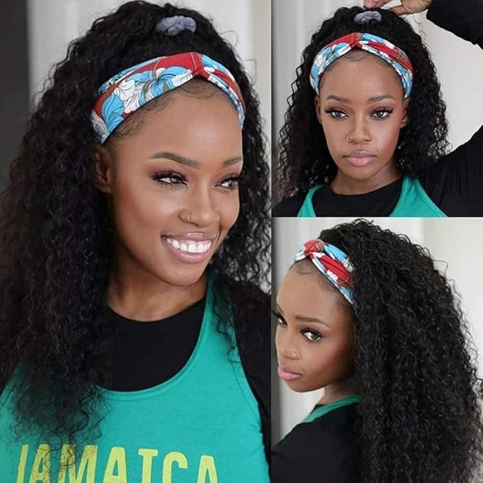 KLAIYI Human Hair Water Wave Curly Non Lace Front Wigs for Black Women, Deep Wave Glueless Wear and Go Half Wig, 30S Ready to Go Wig with Band, Beginner Friendly, 20Inch