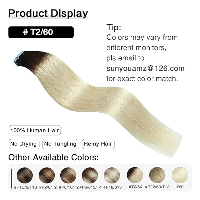 SUYYA Tape in Hair Extensions Human Hair Ombre Darkest Brown to Platinum Blonde 12 Inch 40g/pack 20pcs Straight Seamless Skin Weft Tape in Real Human Hair Extensions(12inch #T2/60)
