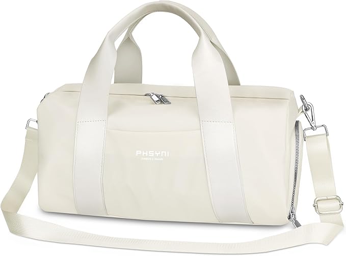 Compact Sports Gym Bag for Women, Cute Mini Duffle Bag with Wet Pocket & Shoes Compartment, Personal Item Travel Workout Bag, 16"-Small, Beige