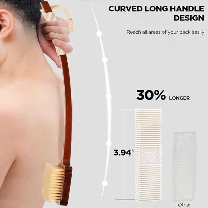 ICANdOIT Exfoliation Set-17.71 Inch Boar Bristles Back Scrubber Bath Brush,Shower Brush with No-Slip Curved Handle,Dual-Sided Face Exfoliation Glove