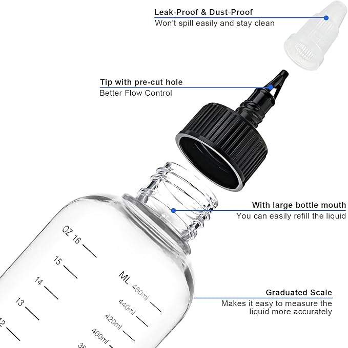 2 Pack Applicator Bottle for Hair 16.9oz Soft Squeeze Empty Oil Dispenser Hair Color Applicator Root Hair Dye PET Plastic Refillable Bottles for Salon Sylist with Graduated Scale and Twist Top