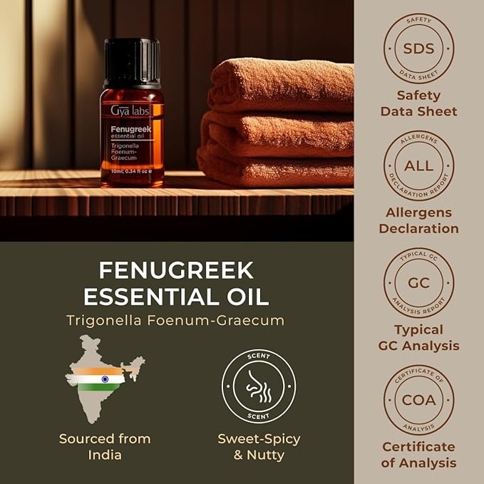 Gya Labs Fenugreek Essential Oil - 0.34 Fl Oz - for Hair, Skin, Diffuser, Aromatherapy & DIY Candle Making Scent