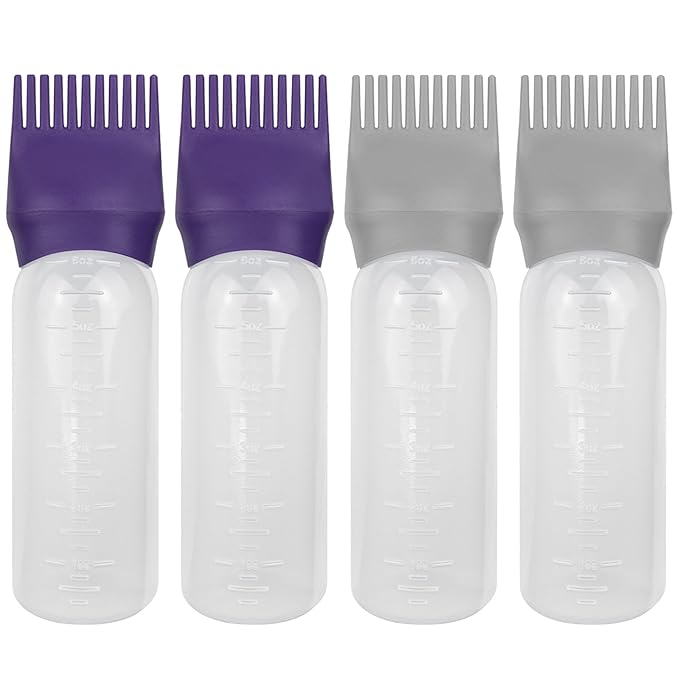4 PCS Root Comb Applicator Bottle,Hair Oiling Applicator,Hair Oil Applicator Bottle for Hair Dye Shampoos Hair Salons.6oz (Purple+Grey)