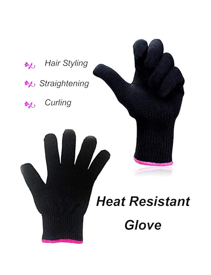 Heat Resistant Glove for Hair Styling, Curling Iron, Flat Iron and Curling Wand, Black, Pink Edge, 1 Piece