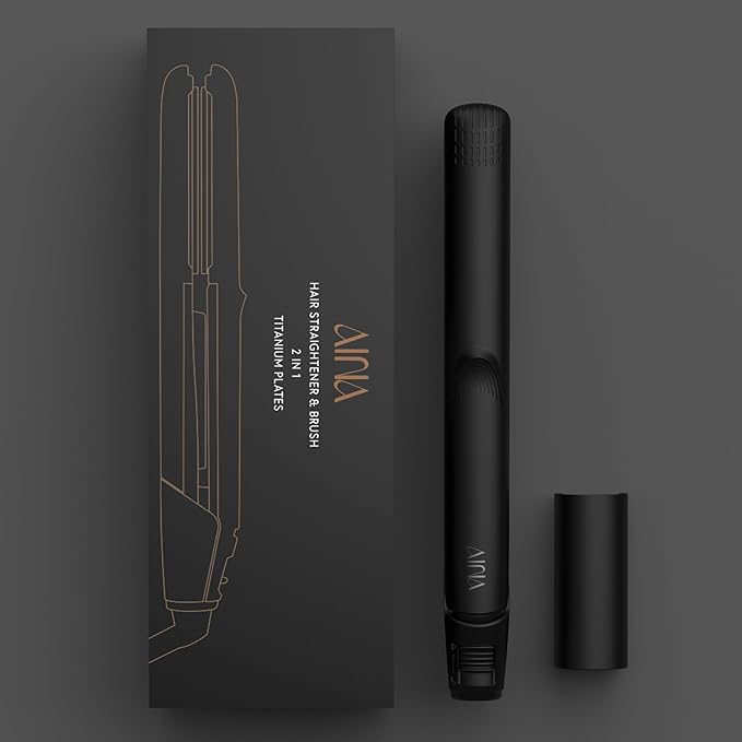 AINA Hair Straightener Comb, Flat Iron with Comb | Titanium Iron 450F | Dual Voltage Hair Straightening | Curling 2 in1 | Resolve Tangled | frizz Free (Vader Black)