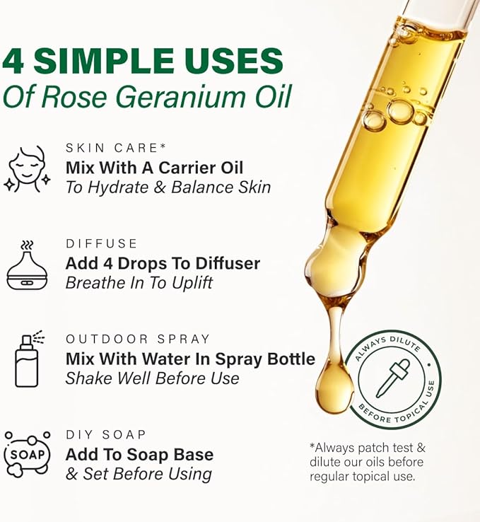 KUKKA Rose Geranium Essential Oils - 4 Fl Oz - for Hair, Skin, Diffuser, Aromatherapy & DIY Soap Making Scent